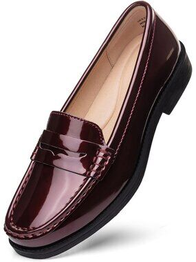 Women's Burgundy Patent Leather Penny Loafers Slip On Flat Comfortable Shoes